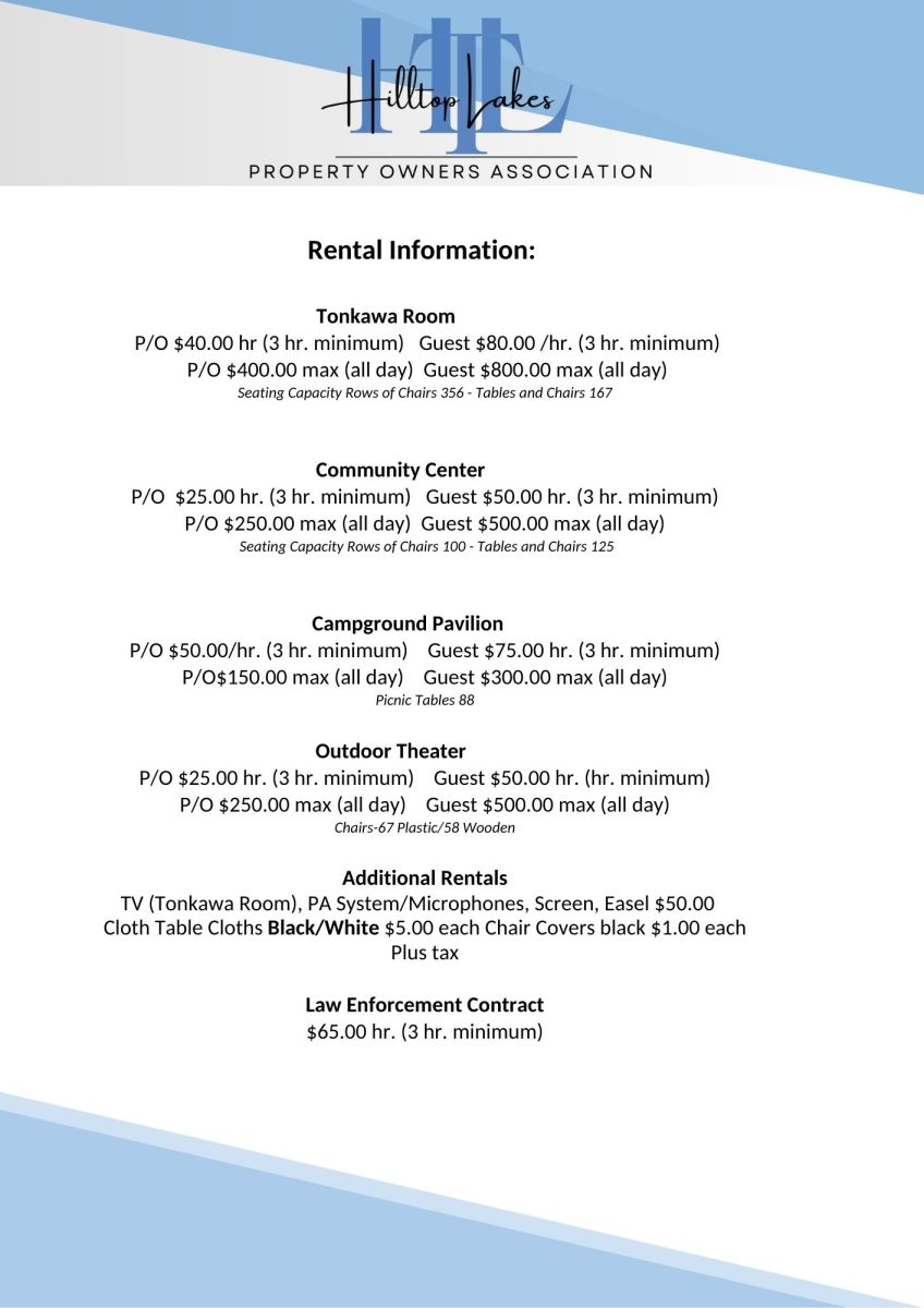 Hilltop Lakes Facility Fee Sheet
